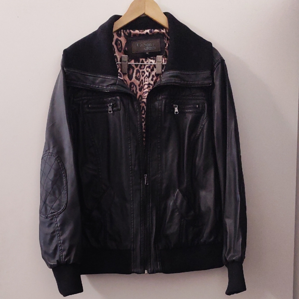 Ci Sono Black Leather Jacket with Leopard Print Lining